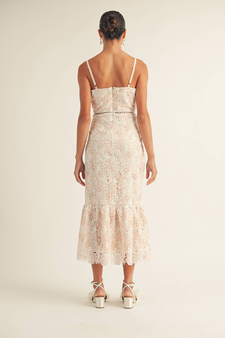 Jenna - Spaghetti Strap Sweetheart Floral Lace Midi Dress