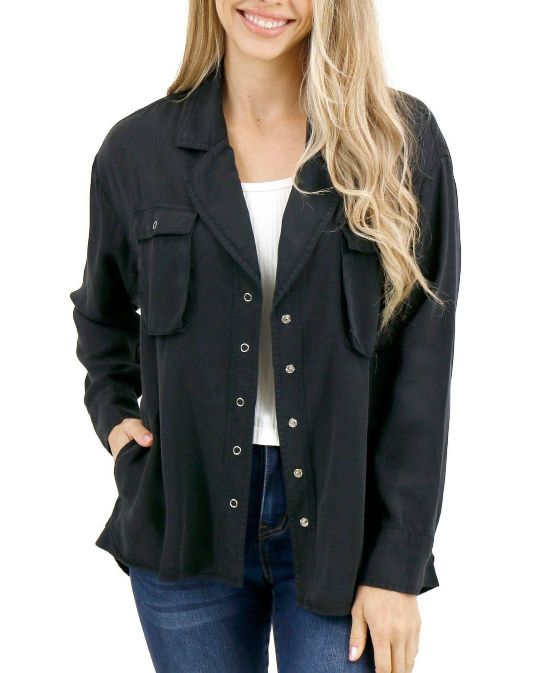 Grace and Lace Tencel™ Lyocell Utility Shirt Jacket in Black
