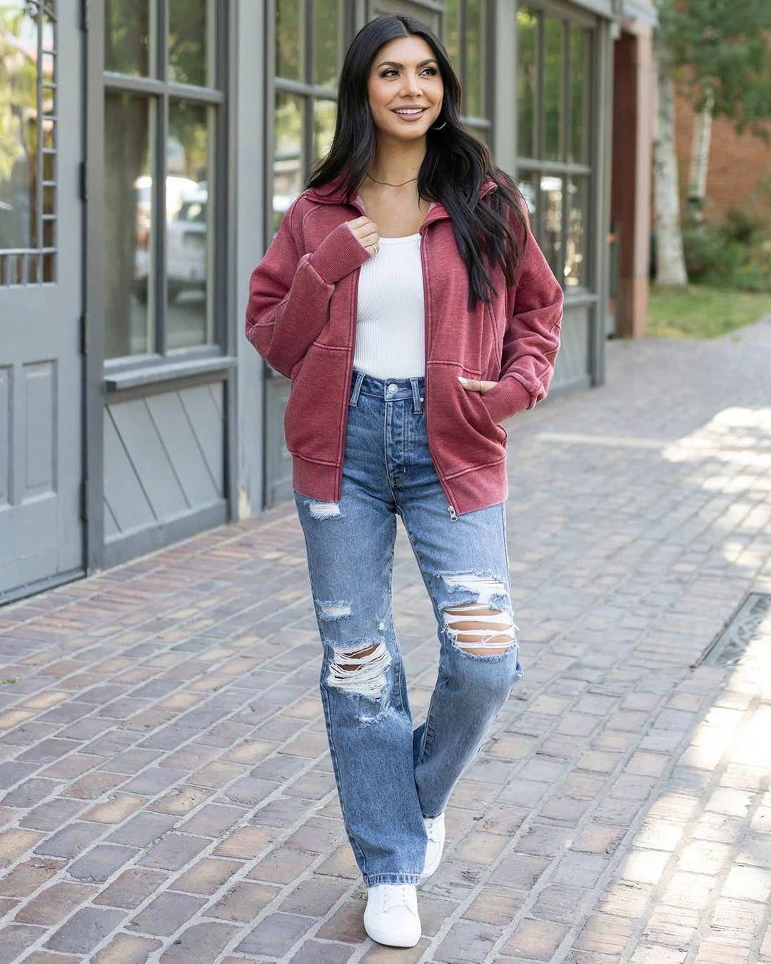 Grace and Lace Vintage Washed Zip Up Sweatshirt in Washed Red