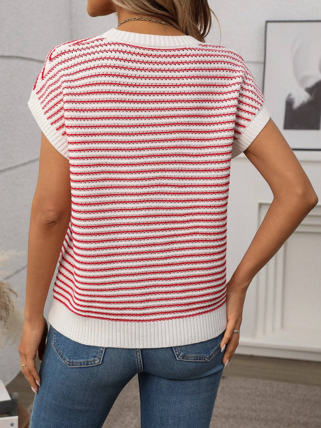 Crew Neck Knit Top Casual Stripe Color Clash Sweater - Black & White