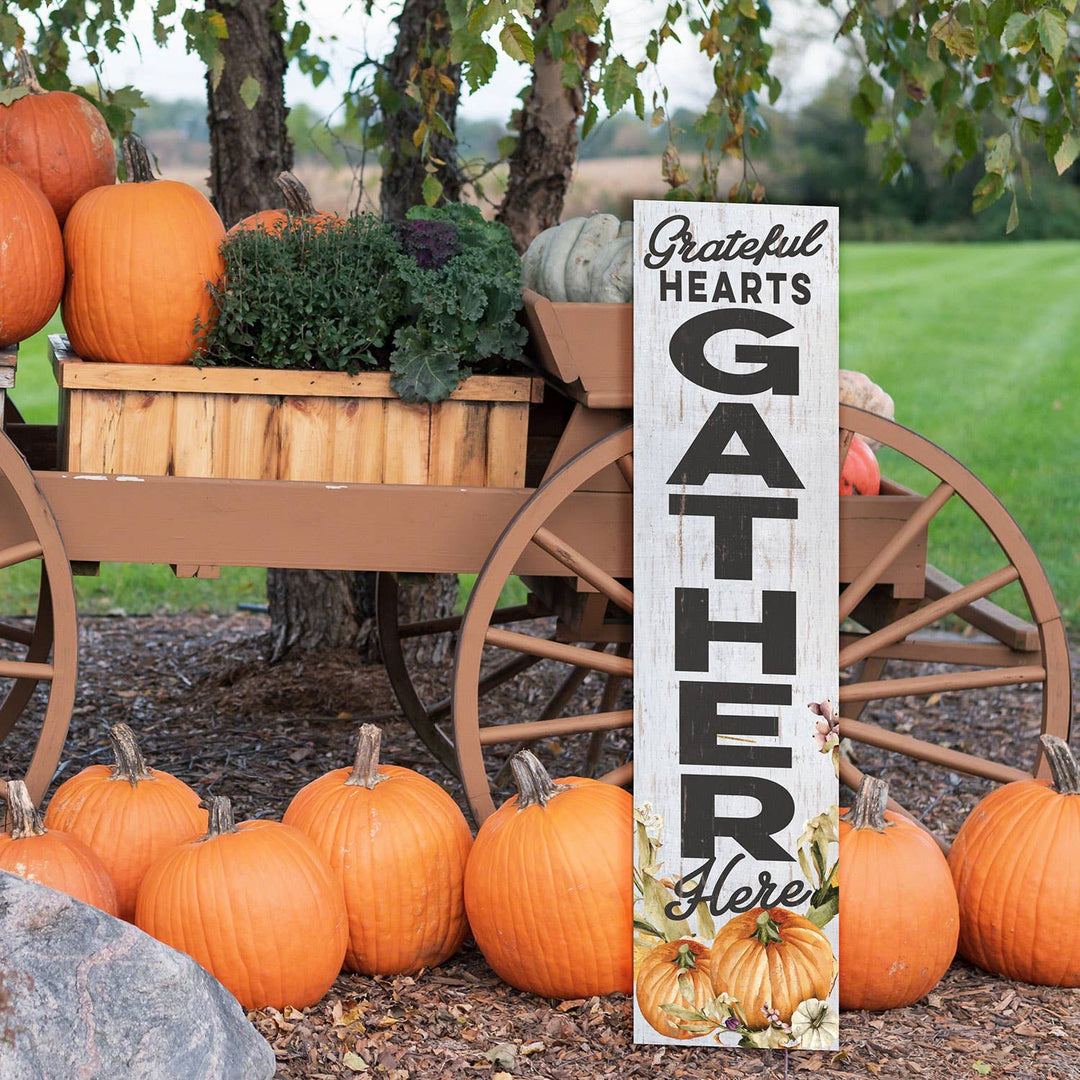 11x46 Grateful Hearts Gather with Pumpkins Leaner Sign Fall Decor