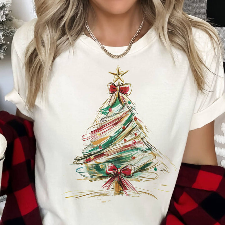 Whimsical Christmas Tree Holiday Red Gold Graphic Tee - Cream