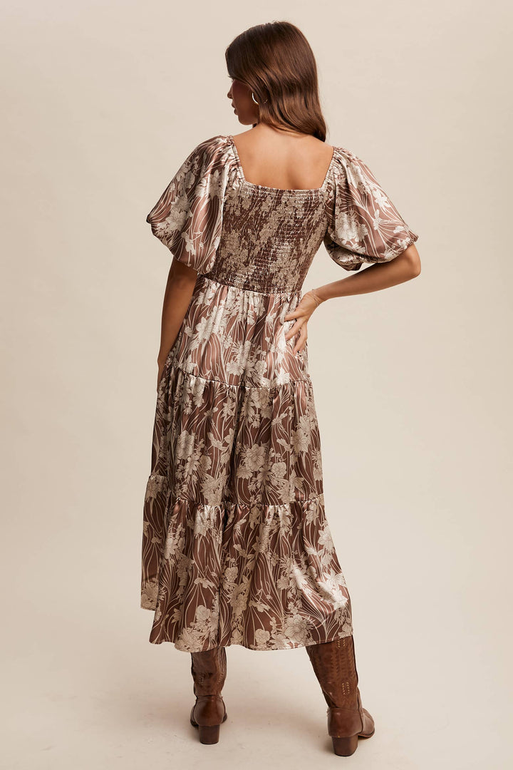 Enchanted Satin Blossom Puff Sleeve Midi Dress