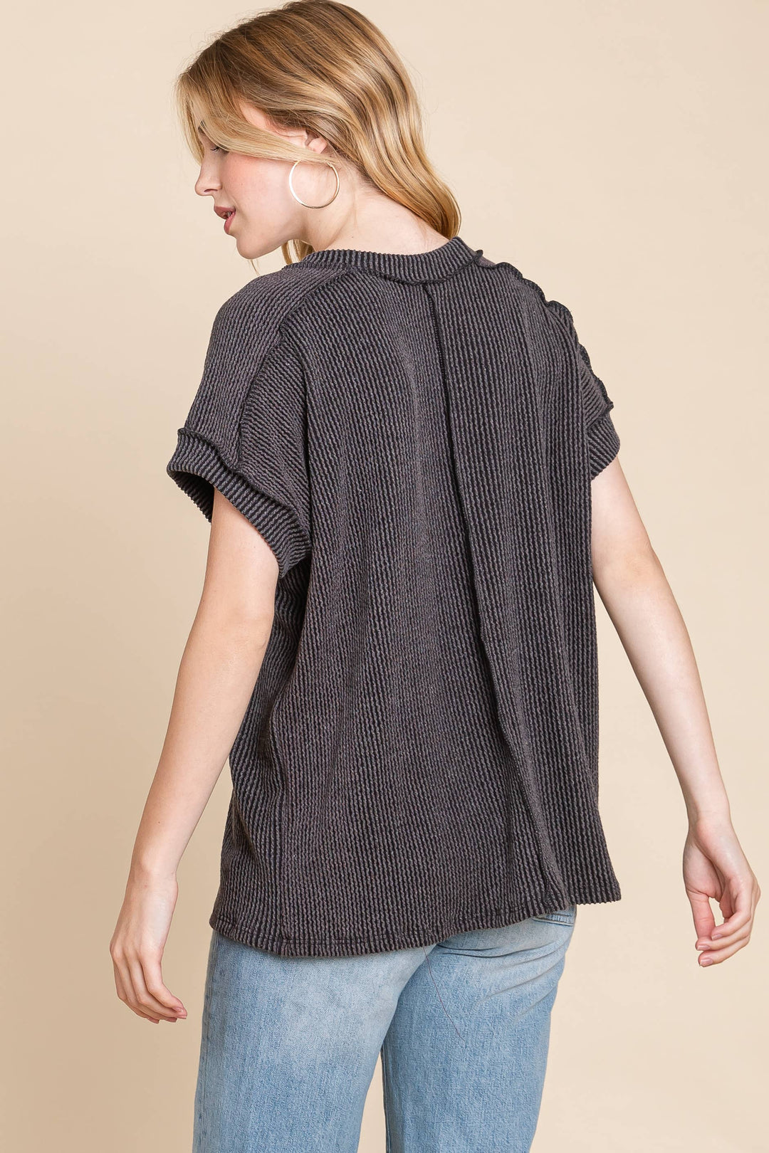 The Breezy Ribbed Knit Top - Charcoal