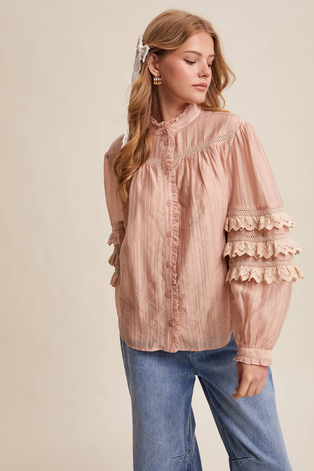 Lace Ruffle Sleeve Pintuck Blouse - Blush