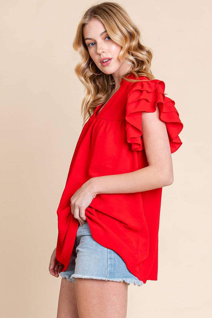 AIRFLOW OVERSIZED RUFFLE SLEEVE BLOUSE - BURGUNDY