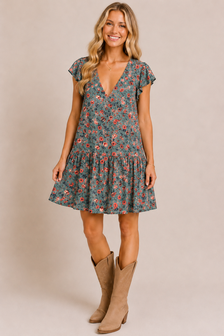 Dusty Teal Wildflower Babydoll Dress