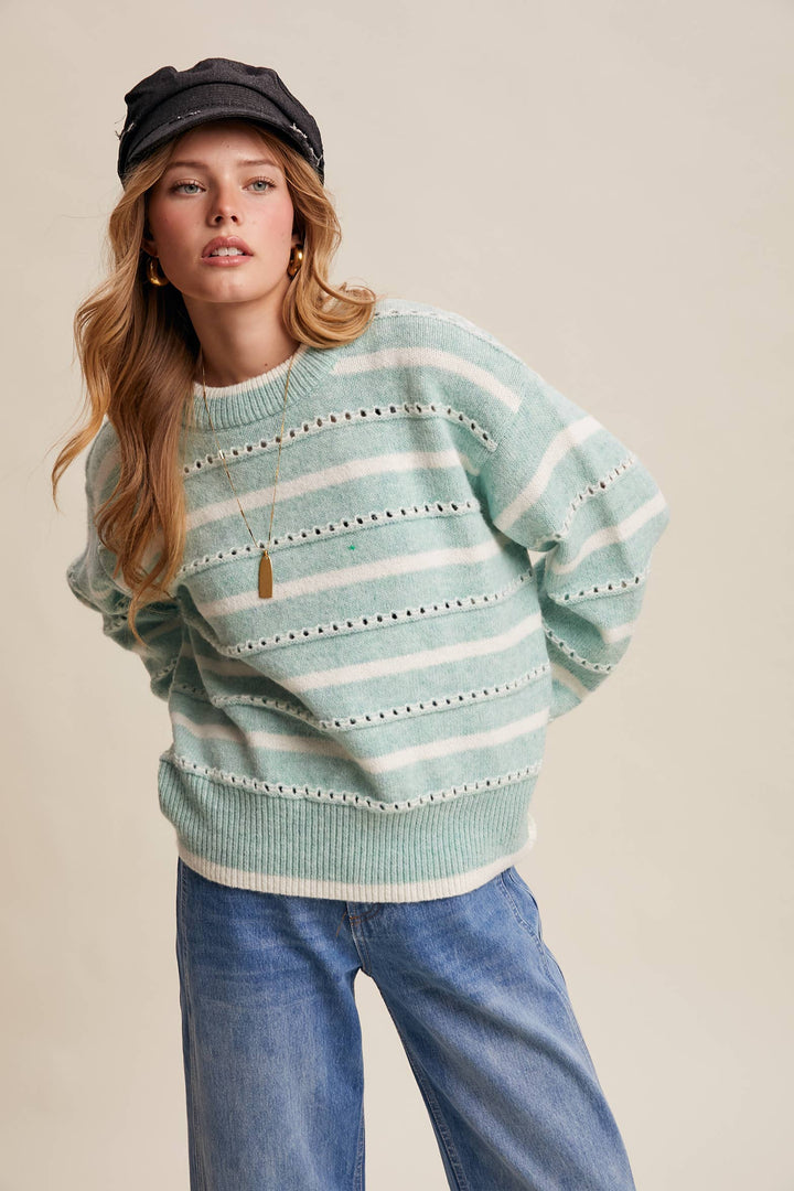 Striped Open-Stitch Pullover Sweater in Light Coral