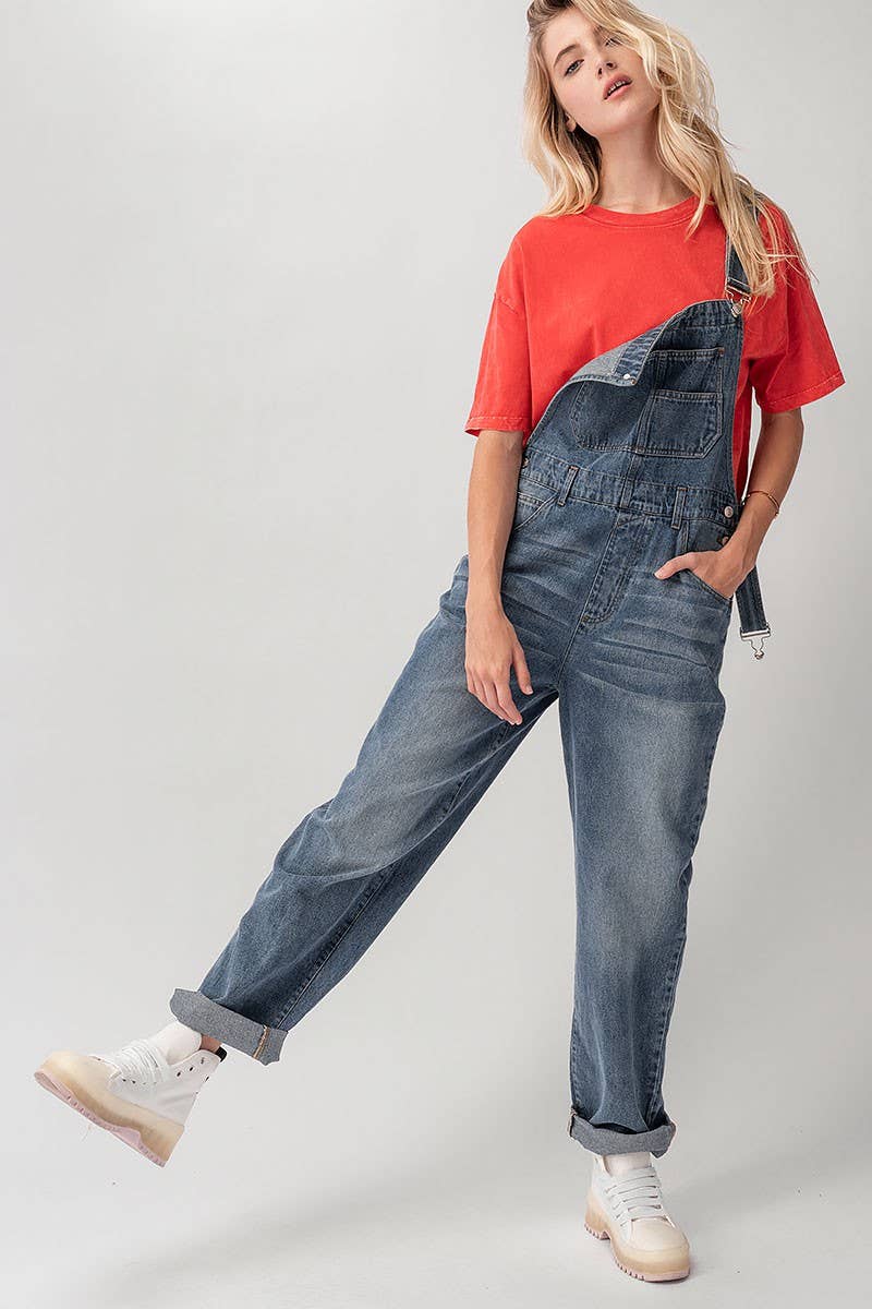 Relaxed Fit Denim Overalls Mid Wash