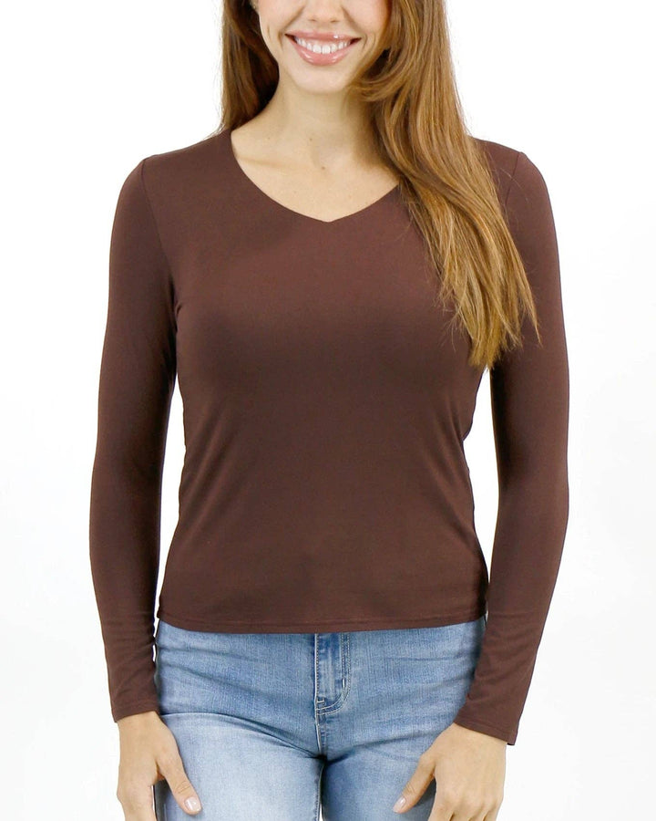 Modal V-Neck Long Sleeve Tee in Brown