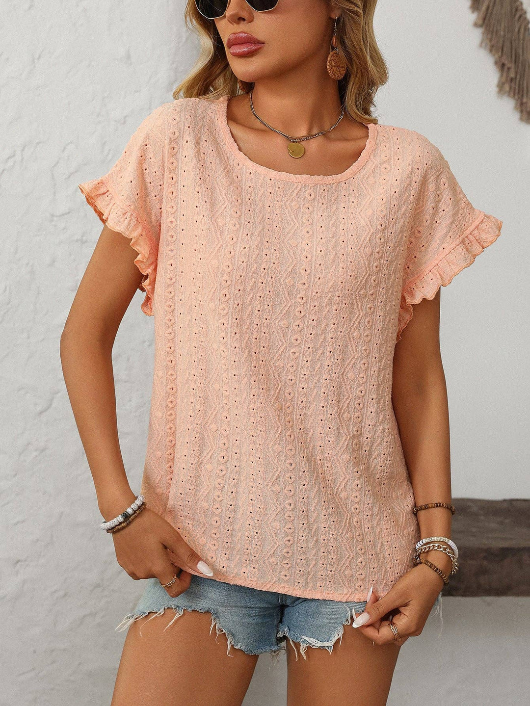 Sweet Short-Sleeve Hollow-Out Top - Light Coral