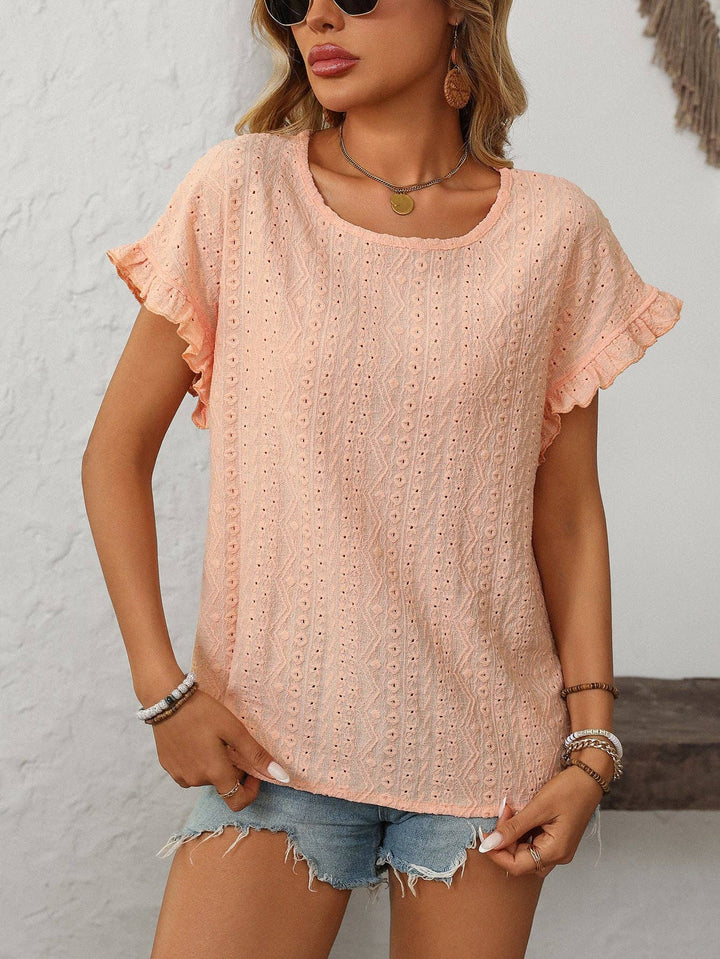 Sweet Short-Sleeve Hollow-Out Top - Light Coral