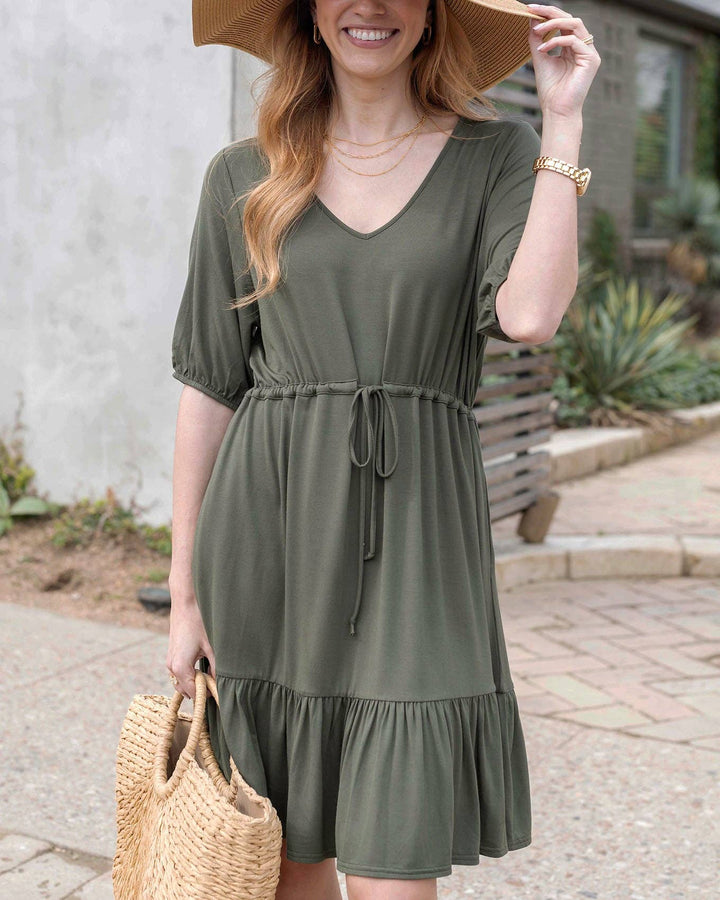 Grace and Lace Modal Waist Tie Dress in Olive