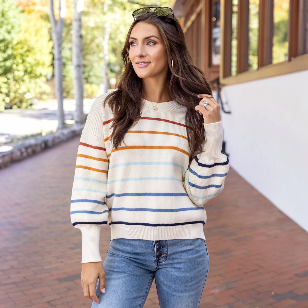 Crew Neck Striped Sweater in Ivory-Multi Stripe