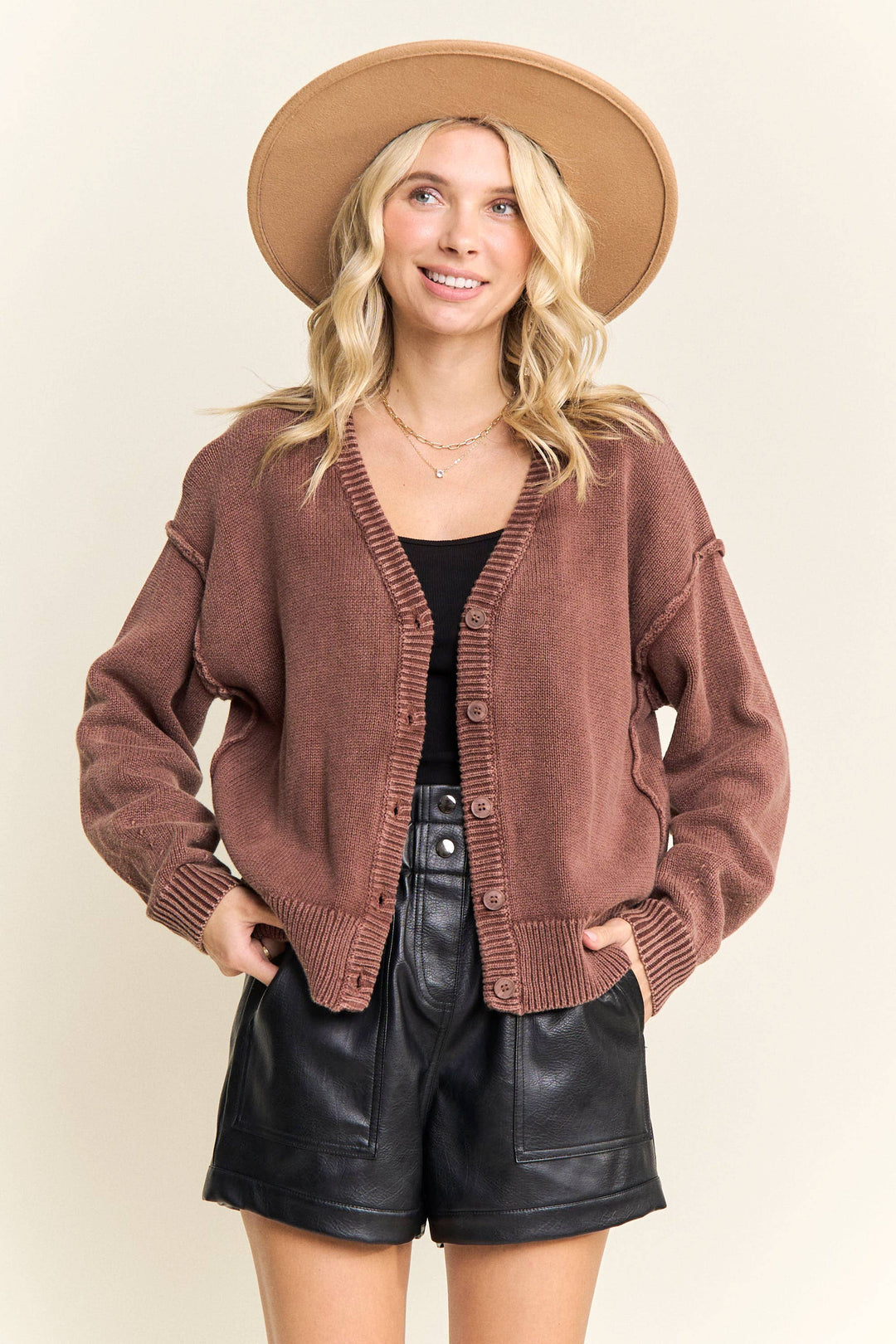 Knit Happens Button-Up Cardigan - Brown