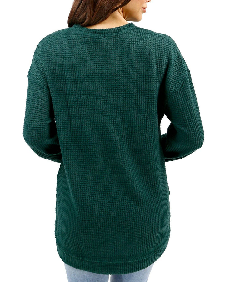 Slouchy Waffle Pullover in Emerald