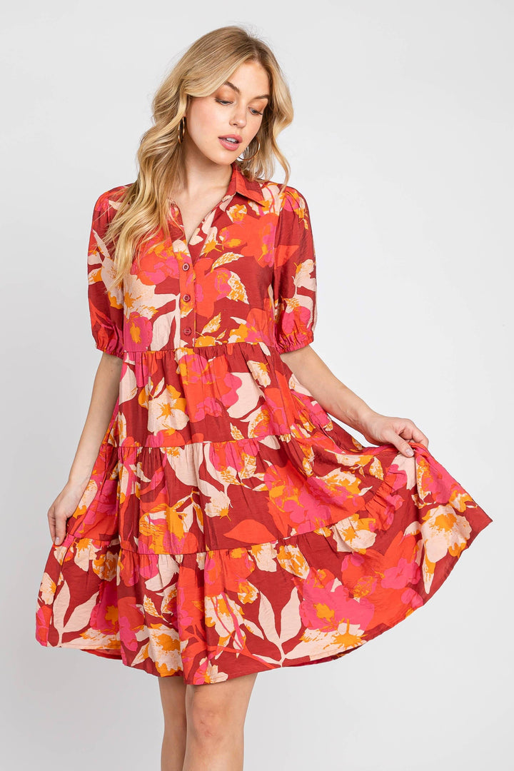 Vibrant Printed Puff Sleeve Tiered Dress