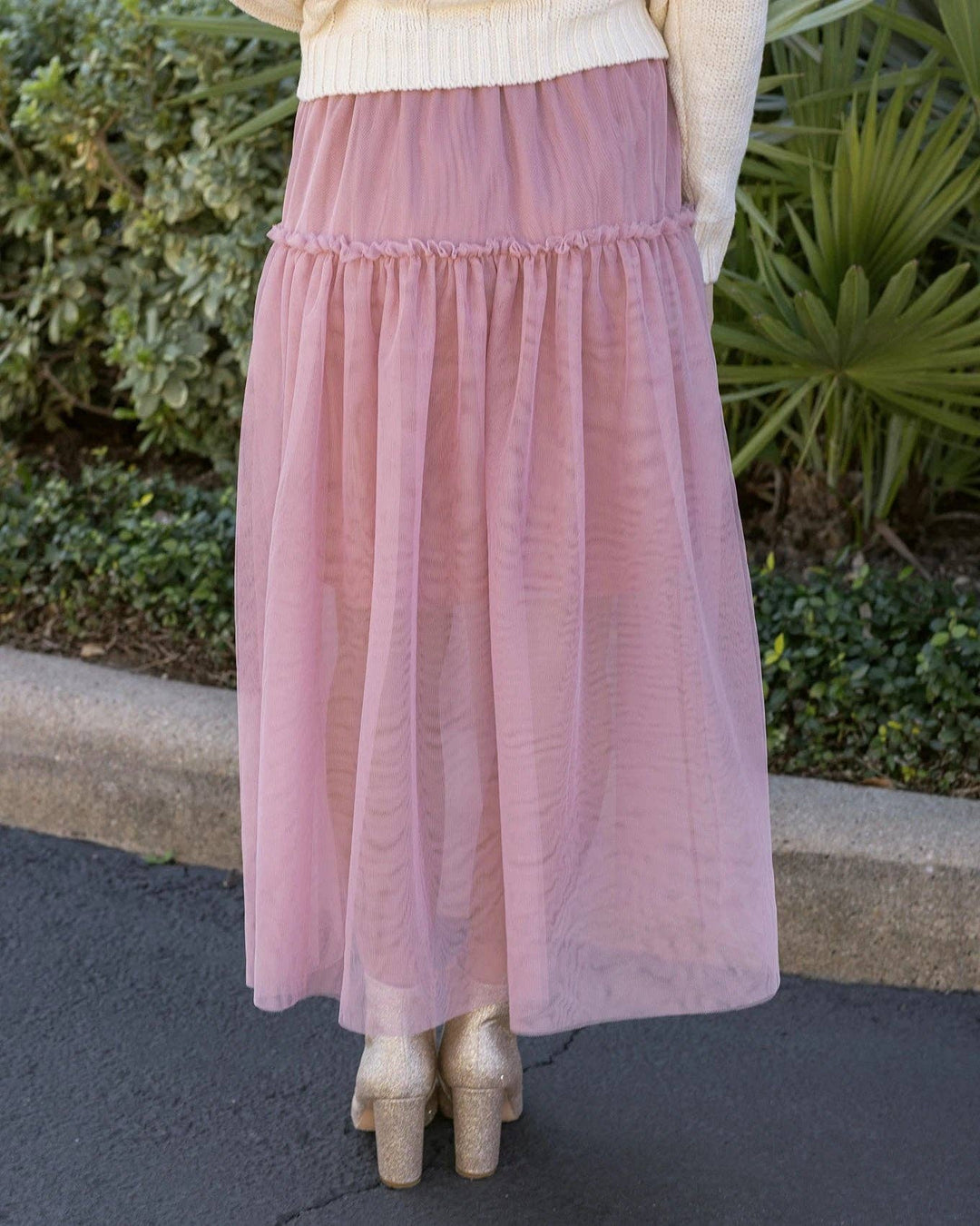 Mesh Tiered Maxi Skirt in Blush