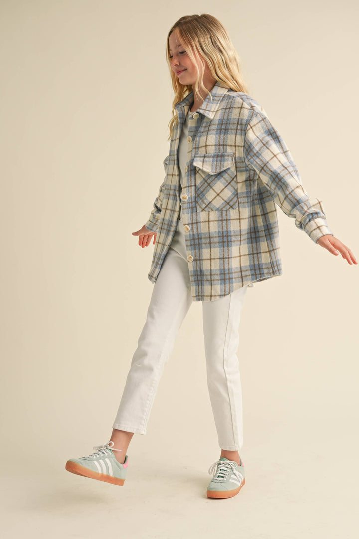 GIRLS BUTTON-UP PLAID SHACKET - Ivory/Lt. Blue