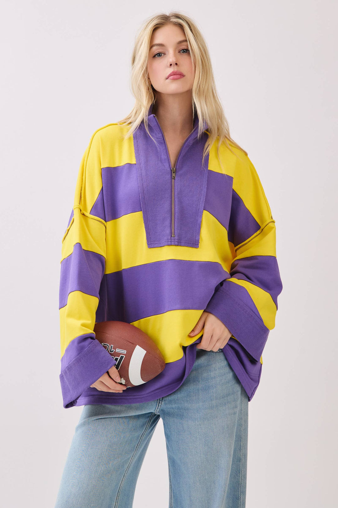 Varsity Stripe Oversized Zip Pullover - Red/Black