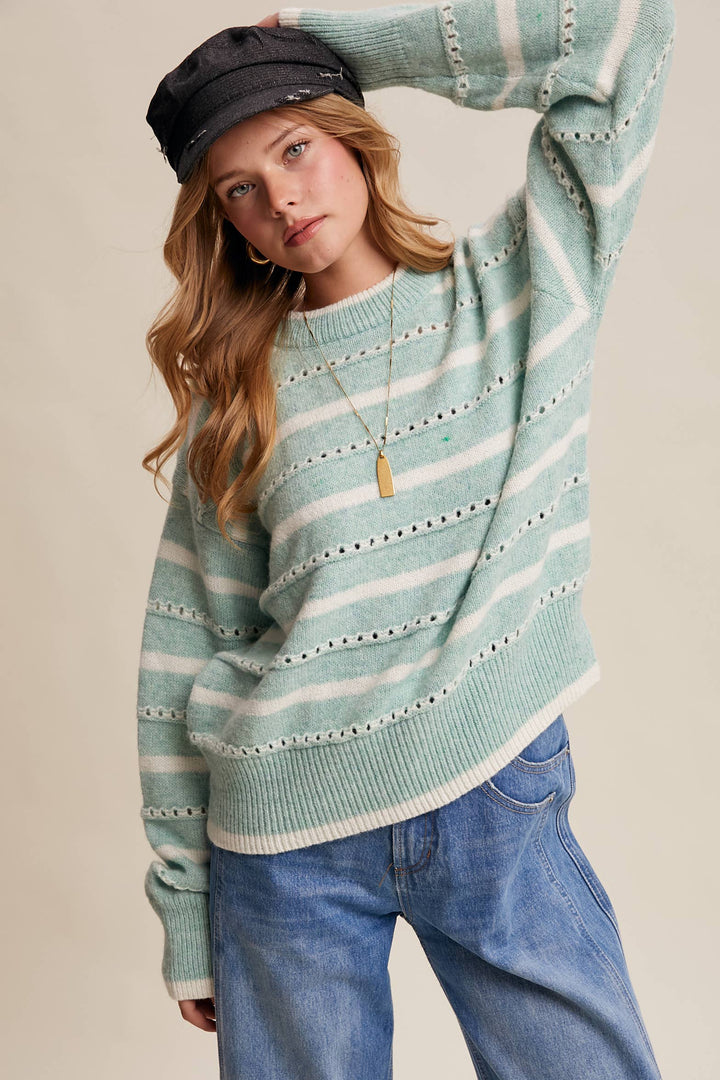 Striped Open-Stitch Pullover Sweater in Light Coral