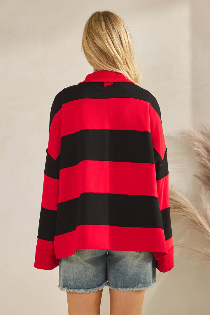 Varsity Stripe Oversized Zip Pullover - Red/Black