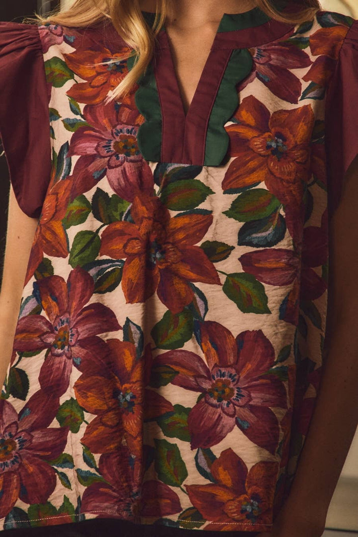 Autumn Muse Botanical Floral Ruffle Sleeve Top
