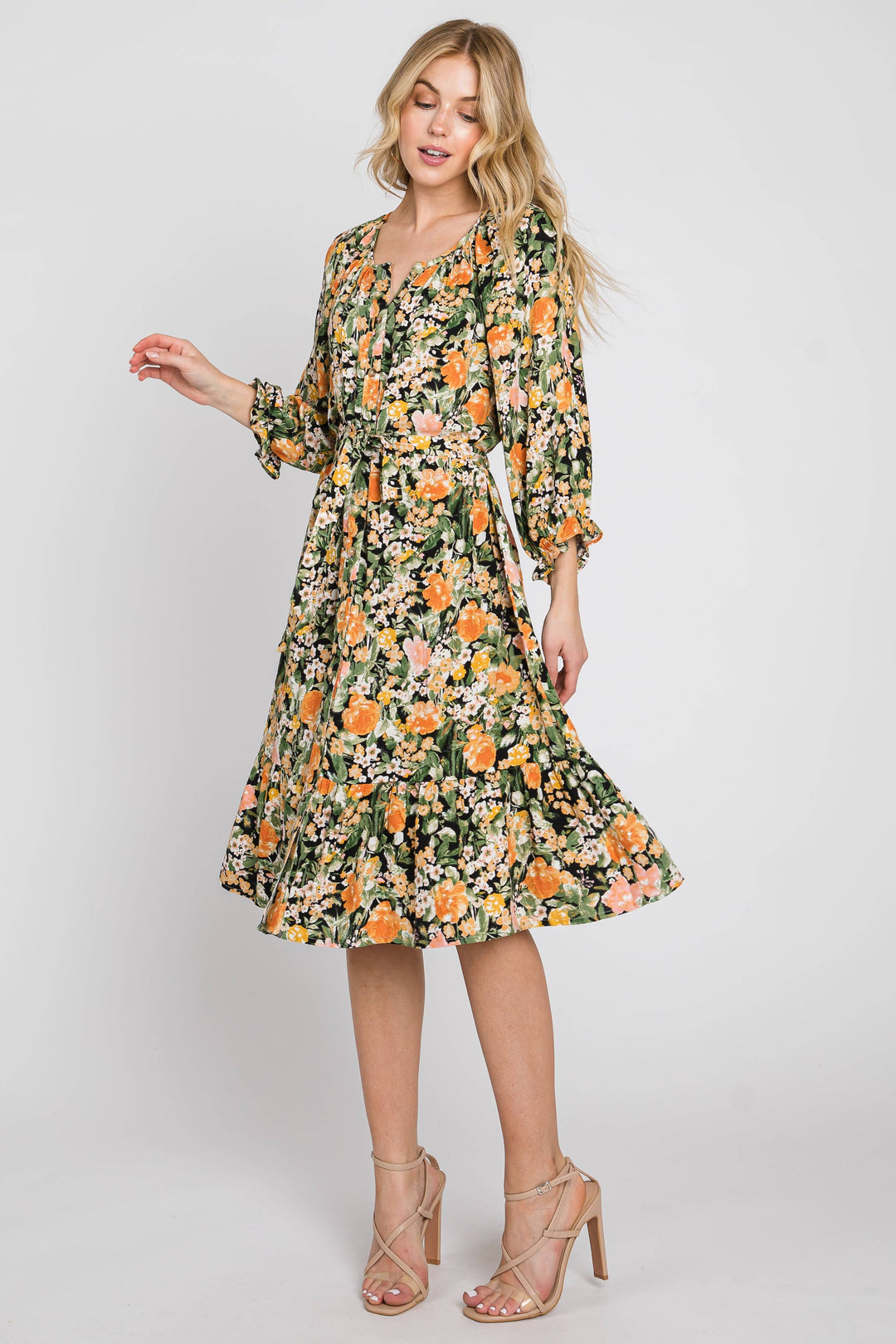 Marigold Print 3/4 Sleeve Flowy Dress