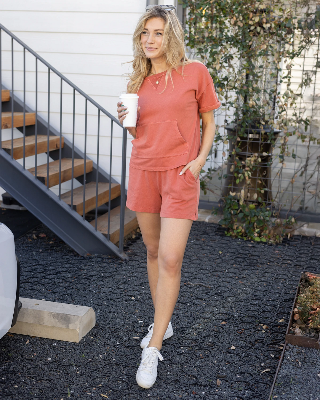 Grace and Lace Washed French Terry Short Sleeve Sweatshirt in Washed Coral