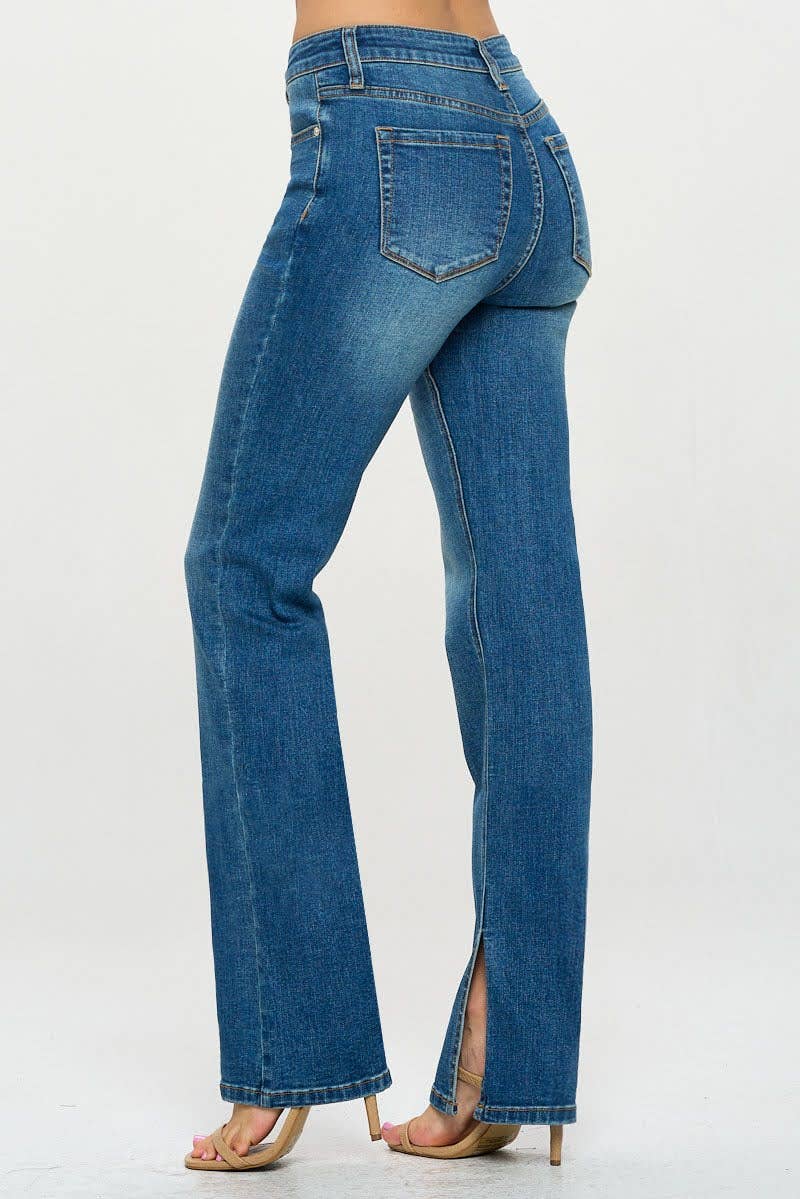 Mid Rise Straight Jeans with Side Slit in Dark Wash