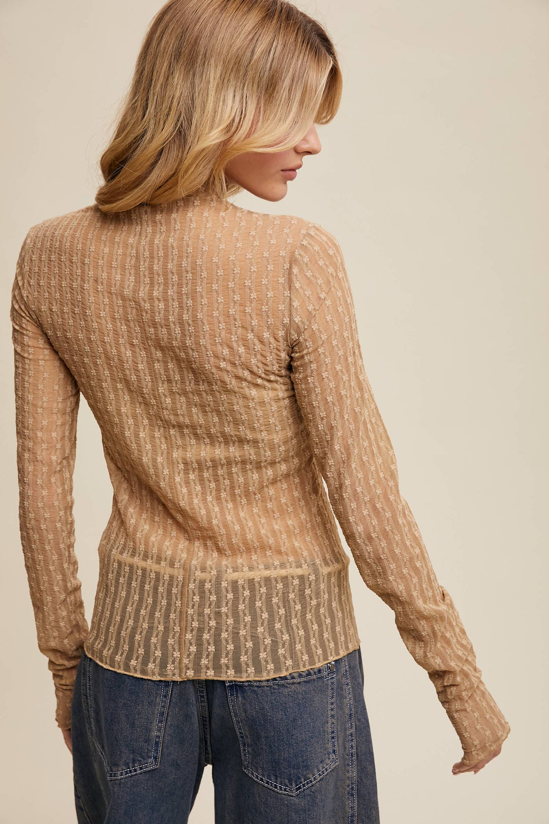 Semi Sheer Textured Lace Layering Top - Tan