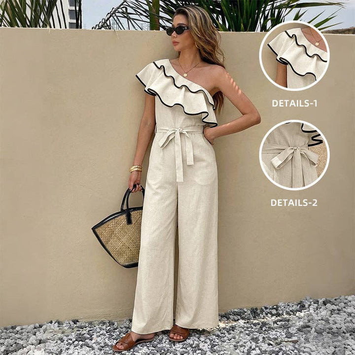 Women One Shoulder Ruffle Wide Leg Jumpsuit - Light Khaki