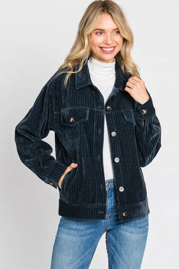 Button Down Soft Ribbed Jacket - Dark Blue