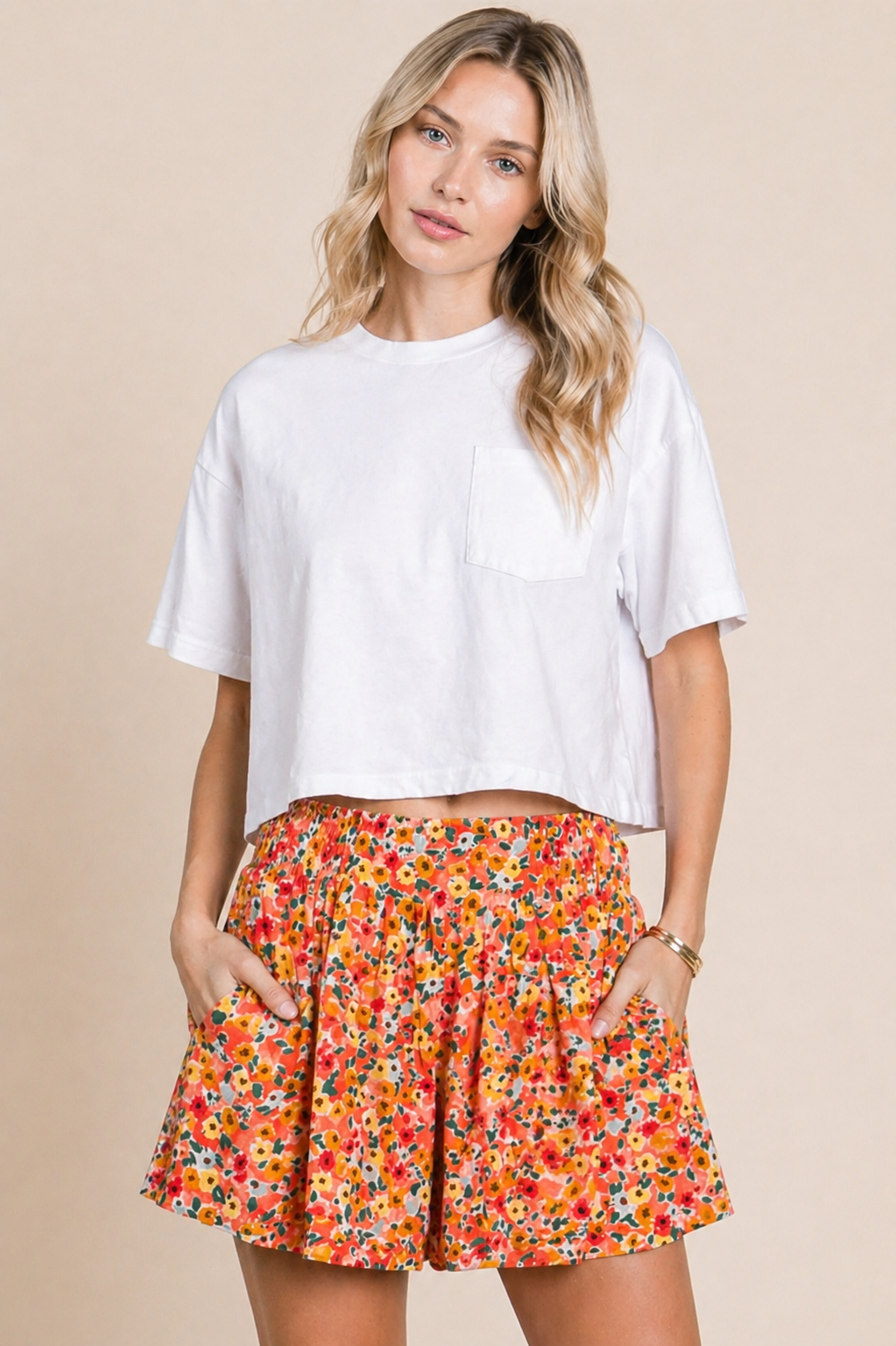 Coral Bloom Flowy Floral Pocket Shorts