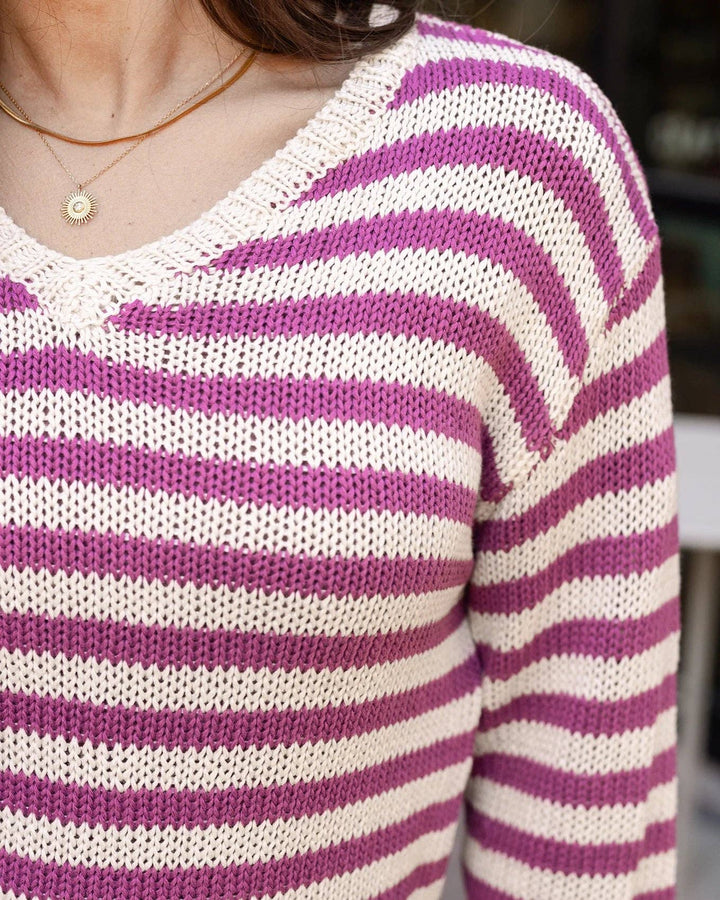 Striped V-Neck Sweater in Berry Stripe