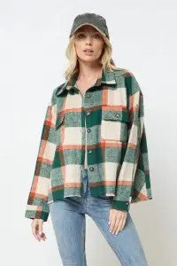 Cropped Frayed Button Up Flannel Shacket - Hunter Green