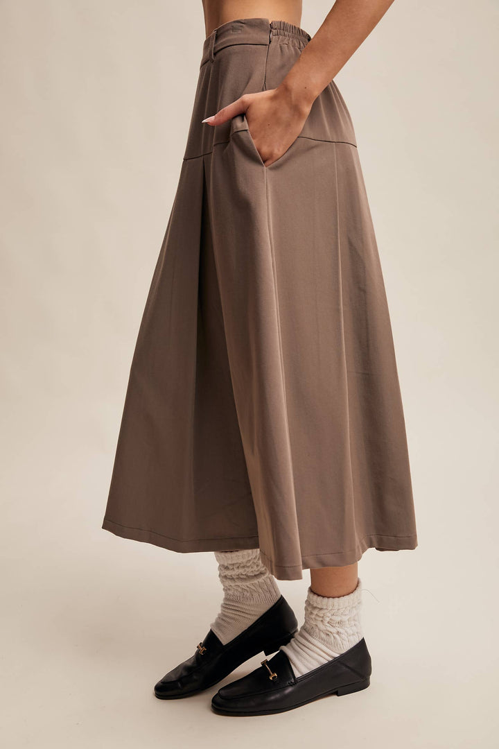 Pleated High-Waisted Midi Skirt - Mocha