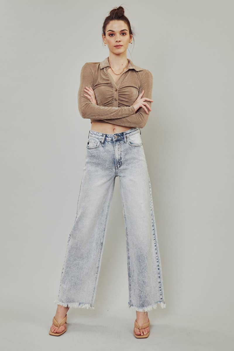 KanCan High Rise Wide Leg Frayed Hem Jeans - Light Wash