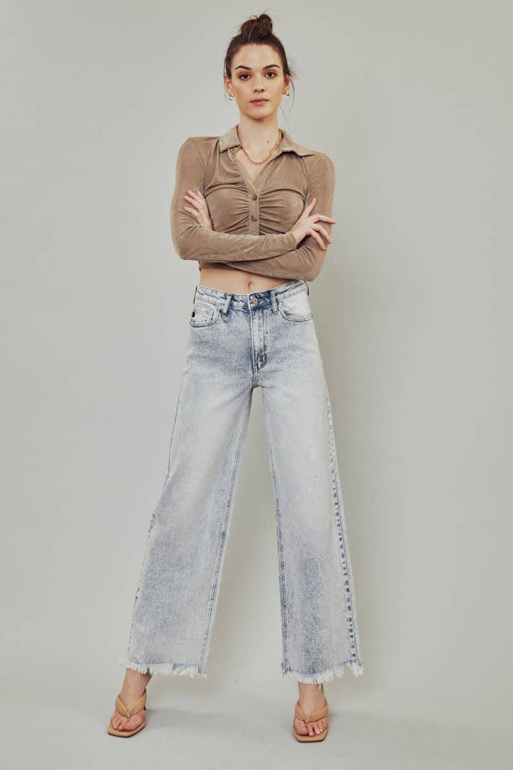 KanCan High Rise Wide Leg Frayed Hem Jeans - Light Wash