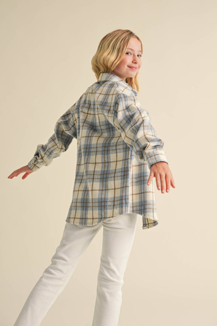 GIRLS BUTTON-UP PLAID SHACKET - Ivory/Lt. Blue