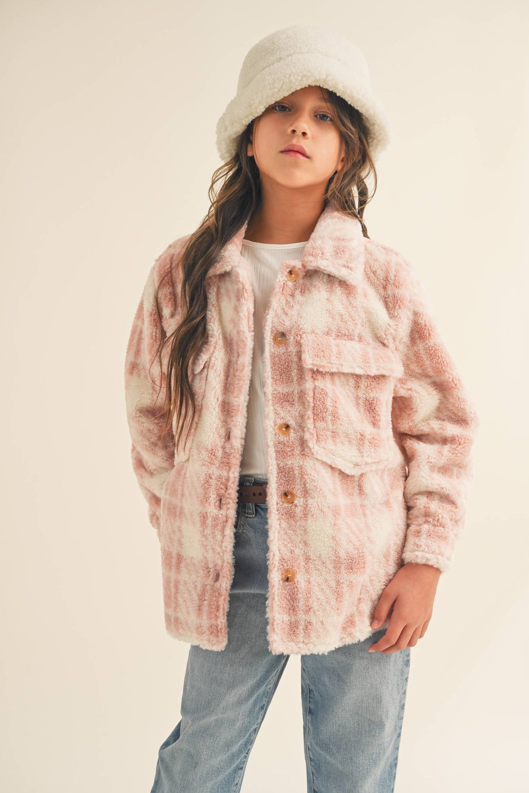 GIRLS DOUBLE POCKET PLAID SHACKET-BLUSH