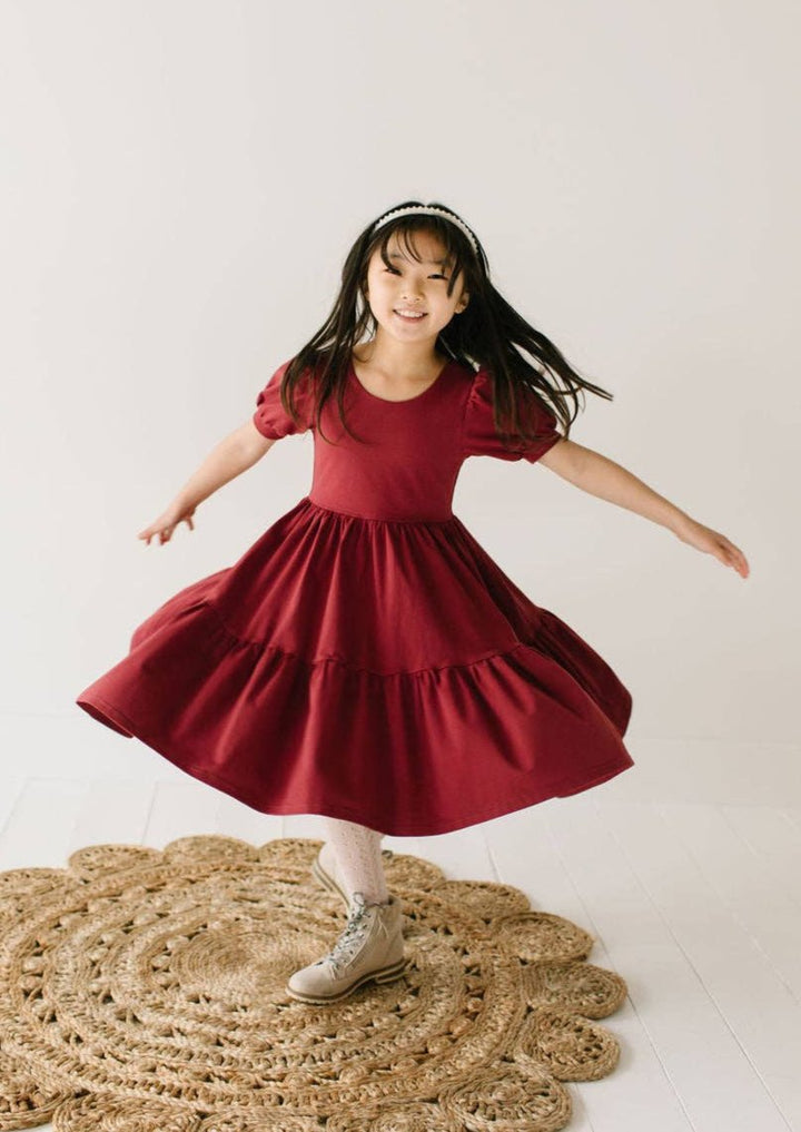 Girls' Puff Dress in Wine