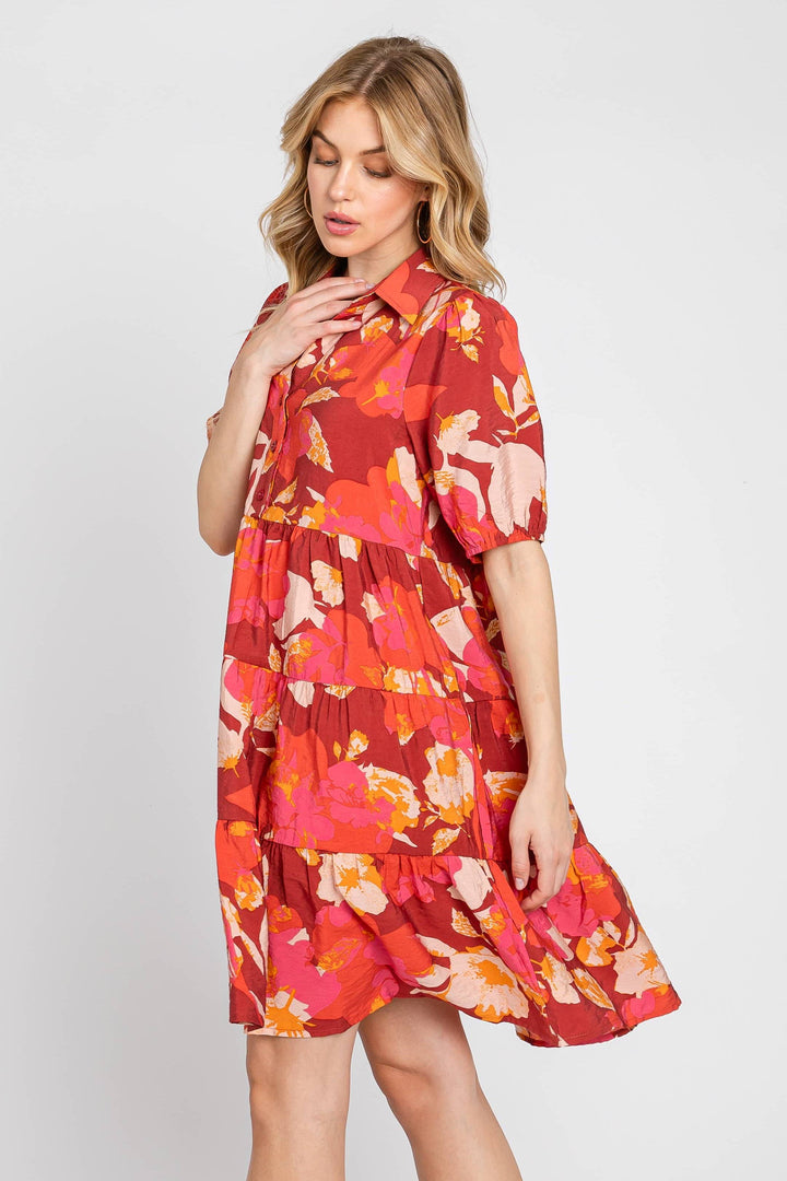 Vibrant Printed Puff Sleeve Tiered Dress