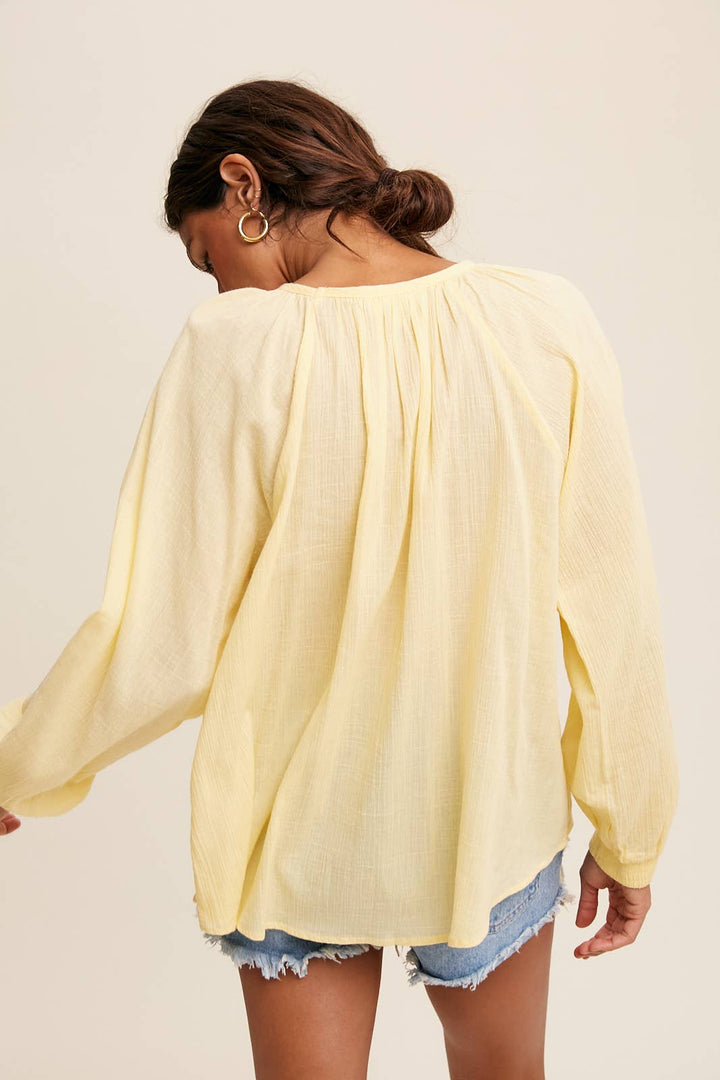 Lace-Up Gauze Peasant Blouse - Lemon Vanilla