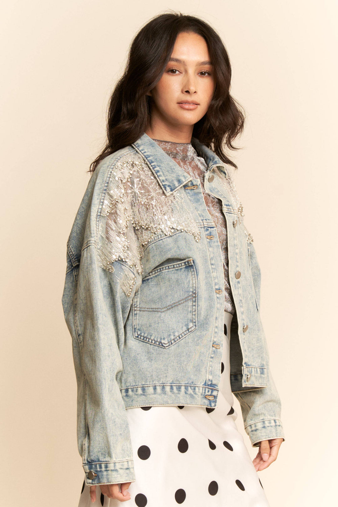 OVERSIZED BUTTON DOWN DENIM JACKET WITH FLARE