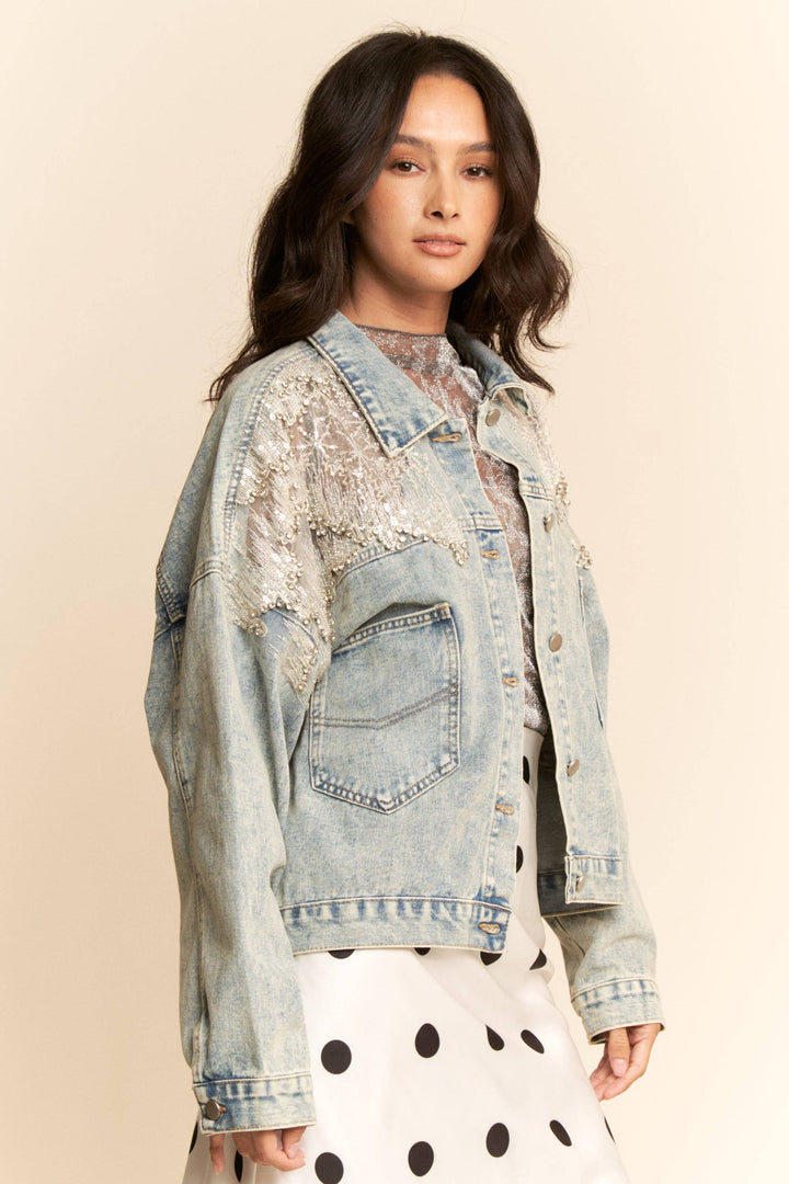 OVERSIZED BUTTON DOWN DENIM JACKET WITH FLARE