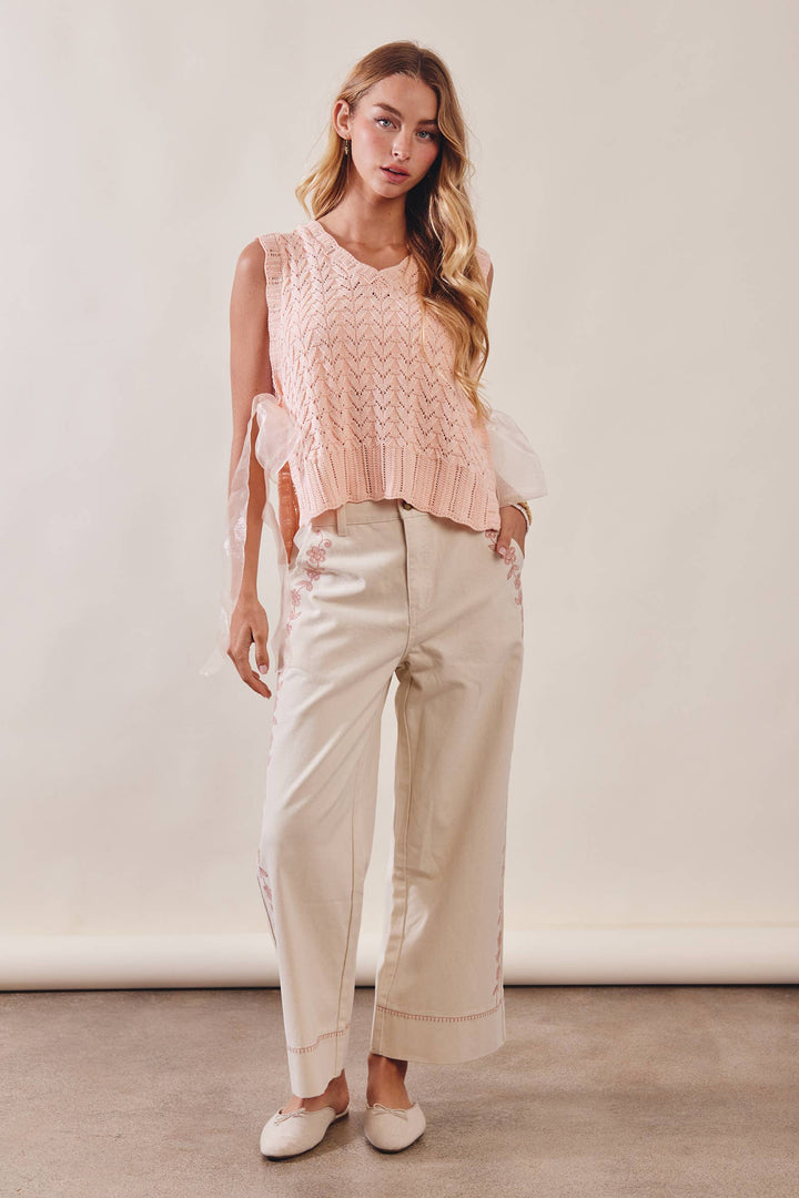 Floral Embroidered Cropped Ecru Wide-Leg Pants