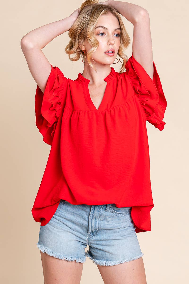 AIRFLOW OVERSIZED RUFFLE SLEEVE BLOUSE - BURGUNDY