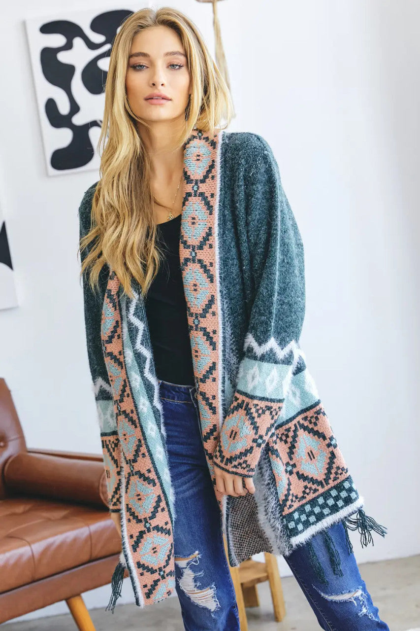 Davi & Dani  TRIBAL AZTEC PRINT LONG SLEEVE CARDIGAN- Sage