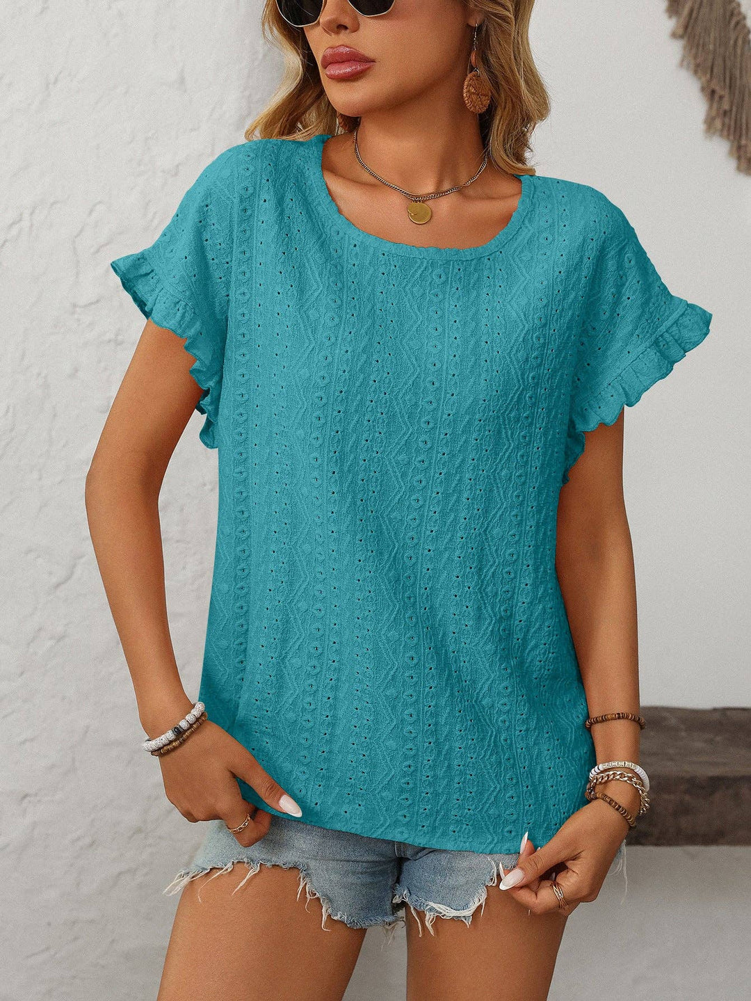 Sweet Short-Sleeve Hollow-Out Top - Turquoise